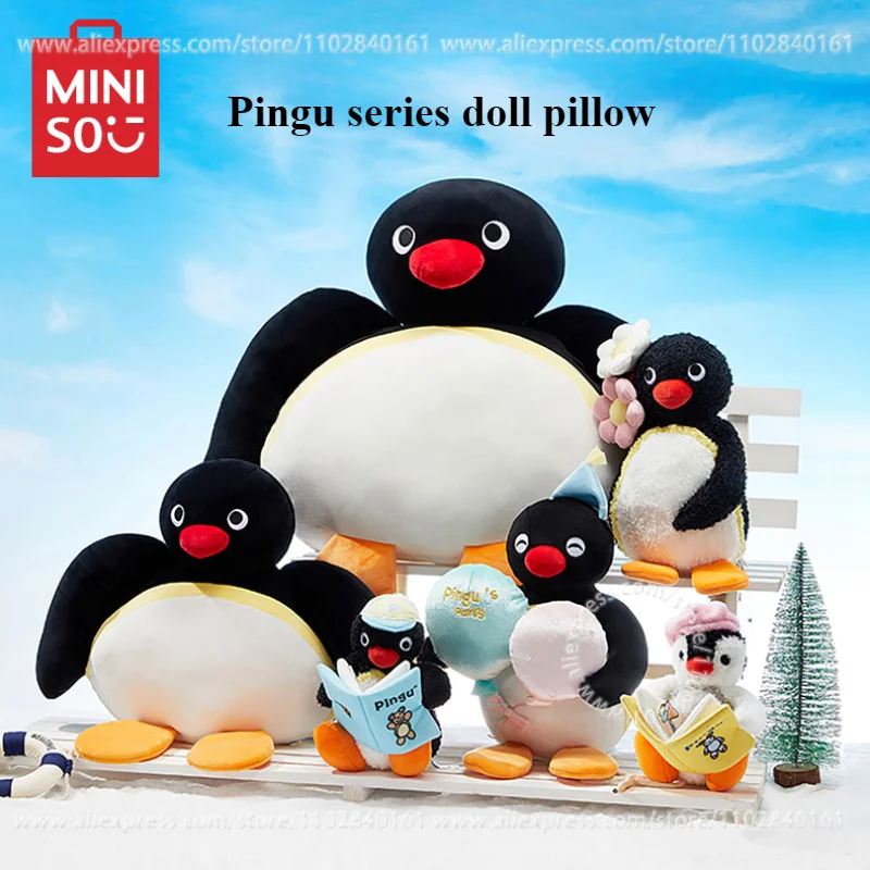 

Подушка MINISO Pingu с двумя дверями, милая мягкая кукла 44 см, оригинальная забавная Пингвин на спине, подарок на день рождения, аниме, детская игрушка