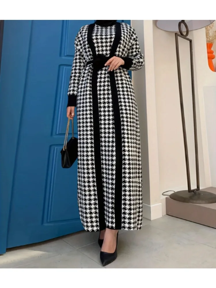 

2 Pcs Muslim Sets Robe Women's Thousand Bird Check Long Sleeve Jacket Turkish Fashion Abaya Dress Two Piece Suit