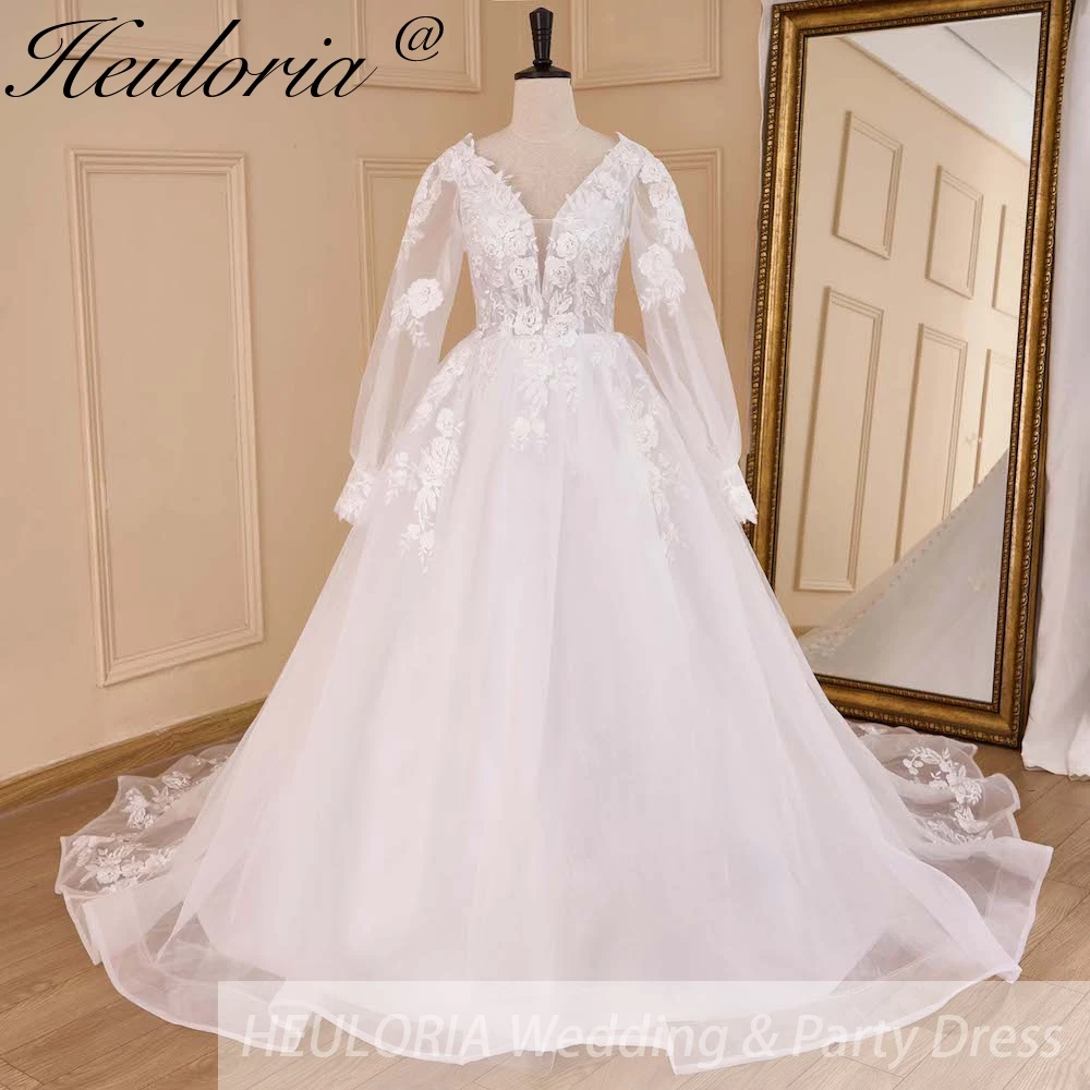 HEULORIA elegant A line wedding dress V neck long sleeve organza bride dress Robe De Mariee Wedding Bride Dress long train