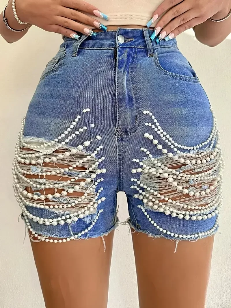 Pop handgefertigte Damen-Shorts mit hoher Taille und Perlen – sexy, zerrissene, lässige Sommer-Streetwear mit Stretch-Passform