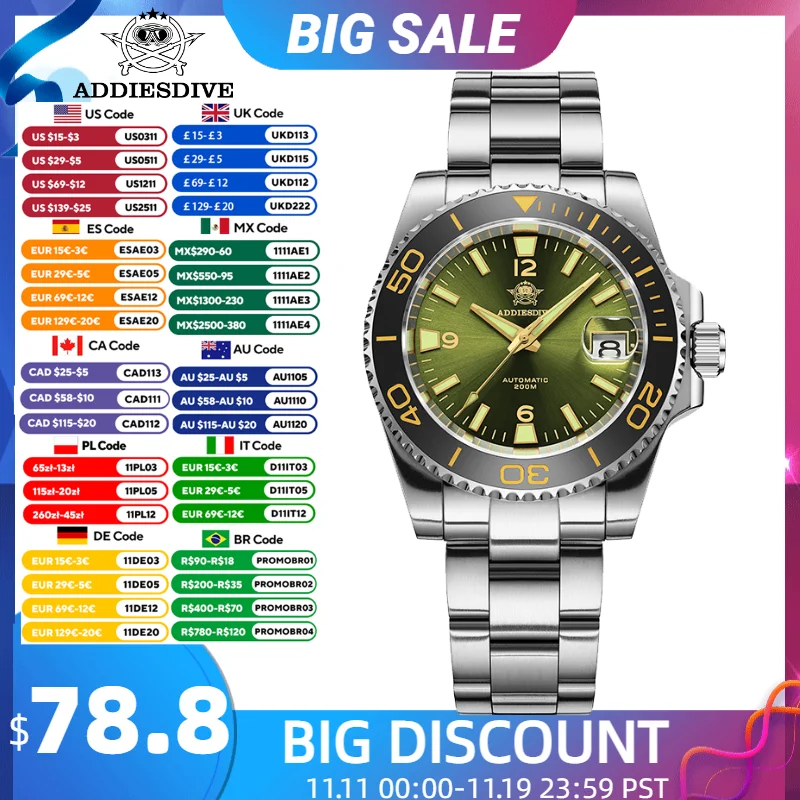 

ADDIESDIVE Men Automatic Watch Luxury Ceramic Bezel Diving 200m Waterproof 8215 Mechanical Wristwatch 316L Stainless Steel