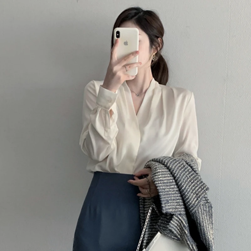 Ele Wit Zijde Satijn V-Ne Lange Sve irt voor Dames Lente Herfst Professionele Werkkleding Sle Button up Rechte snit