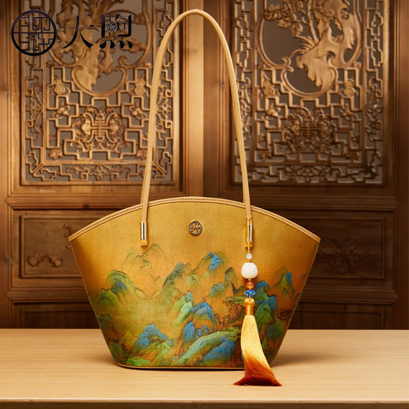 Chinese Style Hanfu Tote Bags for Women Shoulder Bag High-end Genuine Leather and  Mulberry Silk Women's Cheongsam Handbag