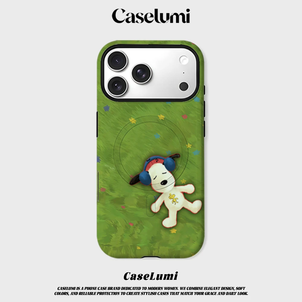 Funda CaseLumi Mate Bumper para Magsafe para iPhone 17 16 15 14 Plus 13 Pro Max, Carcasa Rígida Antigolpes de PC con Diseño S-Snoopy Grass
