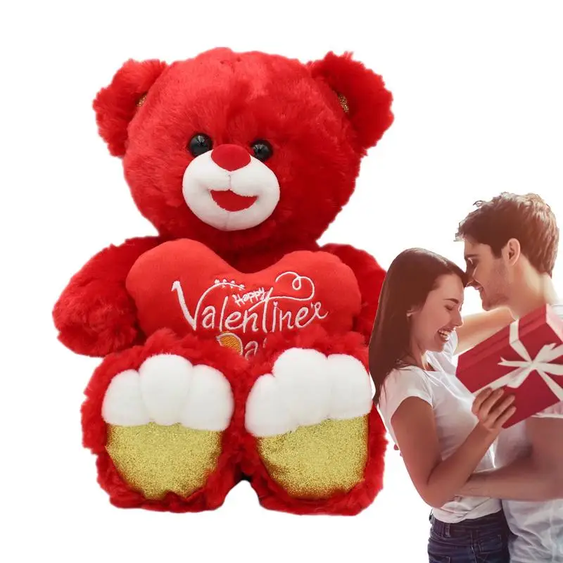 Cute Bear Plushies Bear Toy Stuffed Animal With Red Heart Valentine\'s Day Decor Gifts For Wife Girlfriend For Living Room