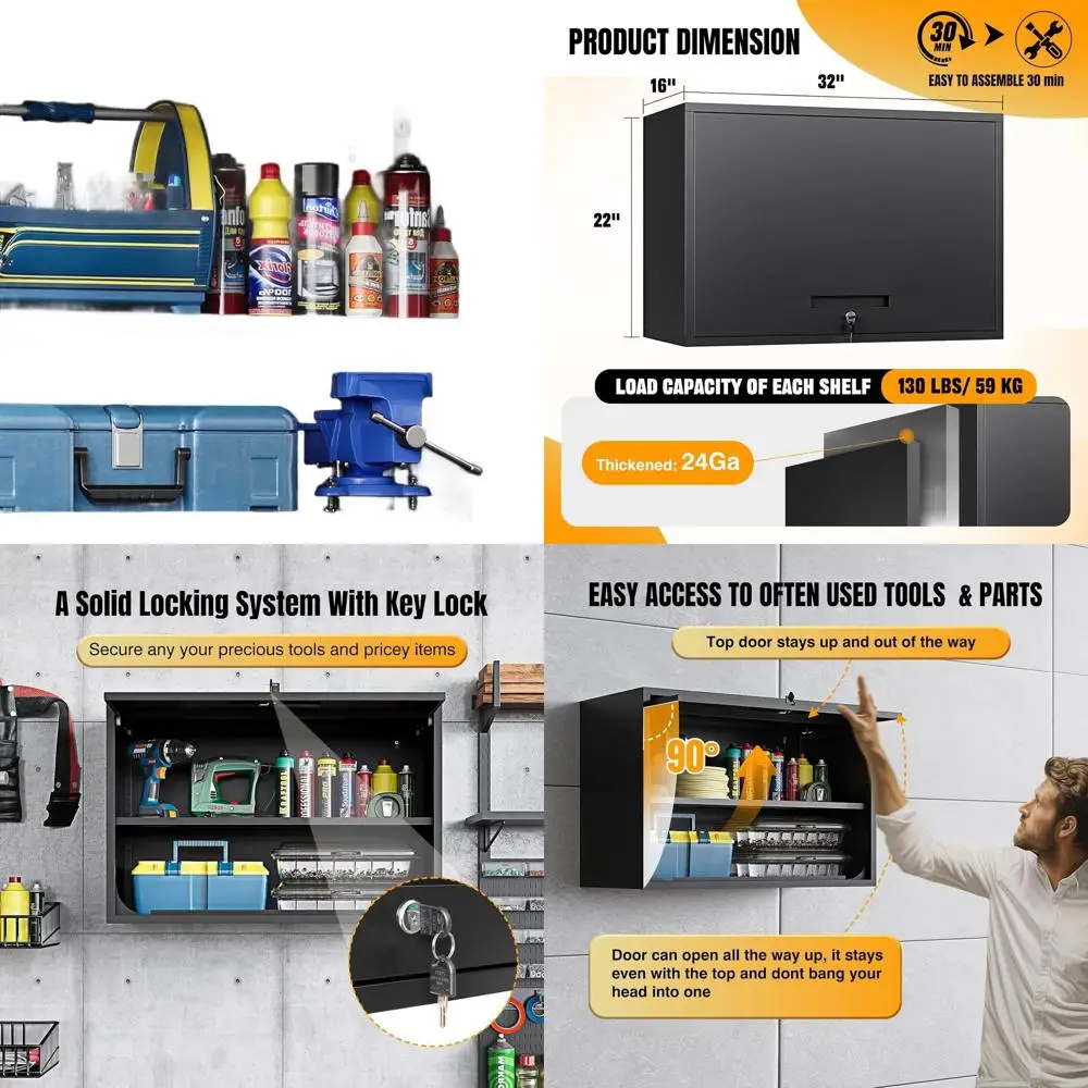 

Регулируемый металлический настенный шкаф для хранения, высота 22 дюйма, стальной, с замком, настенный, для гаража, для хранения инструментов, требуется сборка