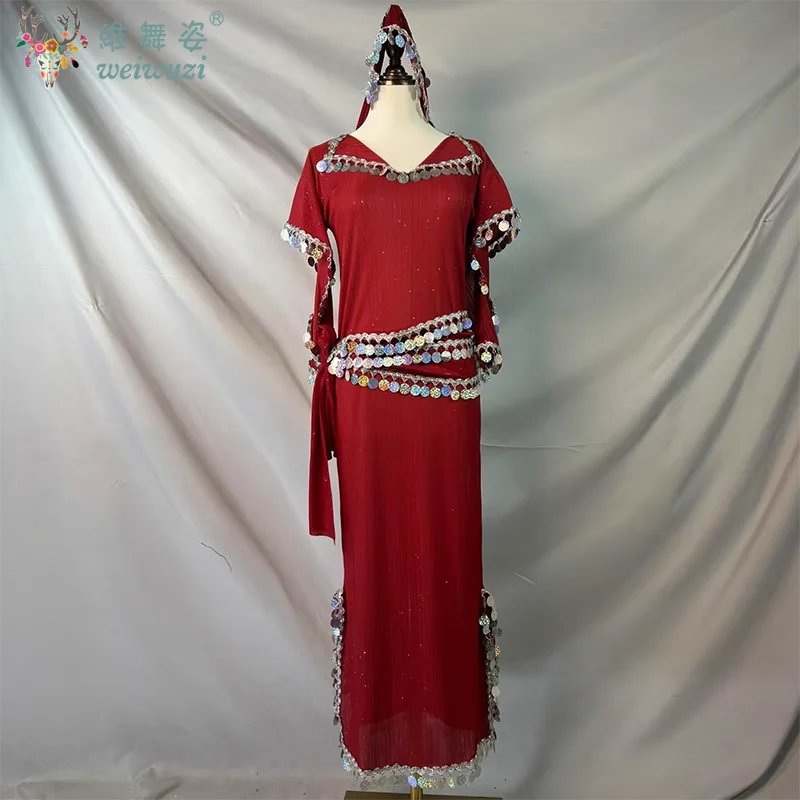 زي أداء الرقص الشرقي رداء ترتر + عقال + وشاح الورك 3 قطعة ملابس مسابقة الرقص الشرقي للبالغين والأطفال