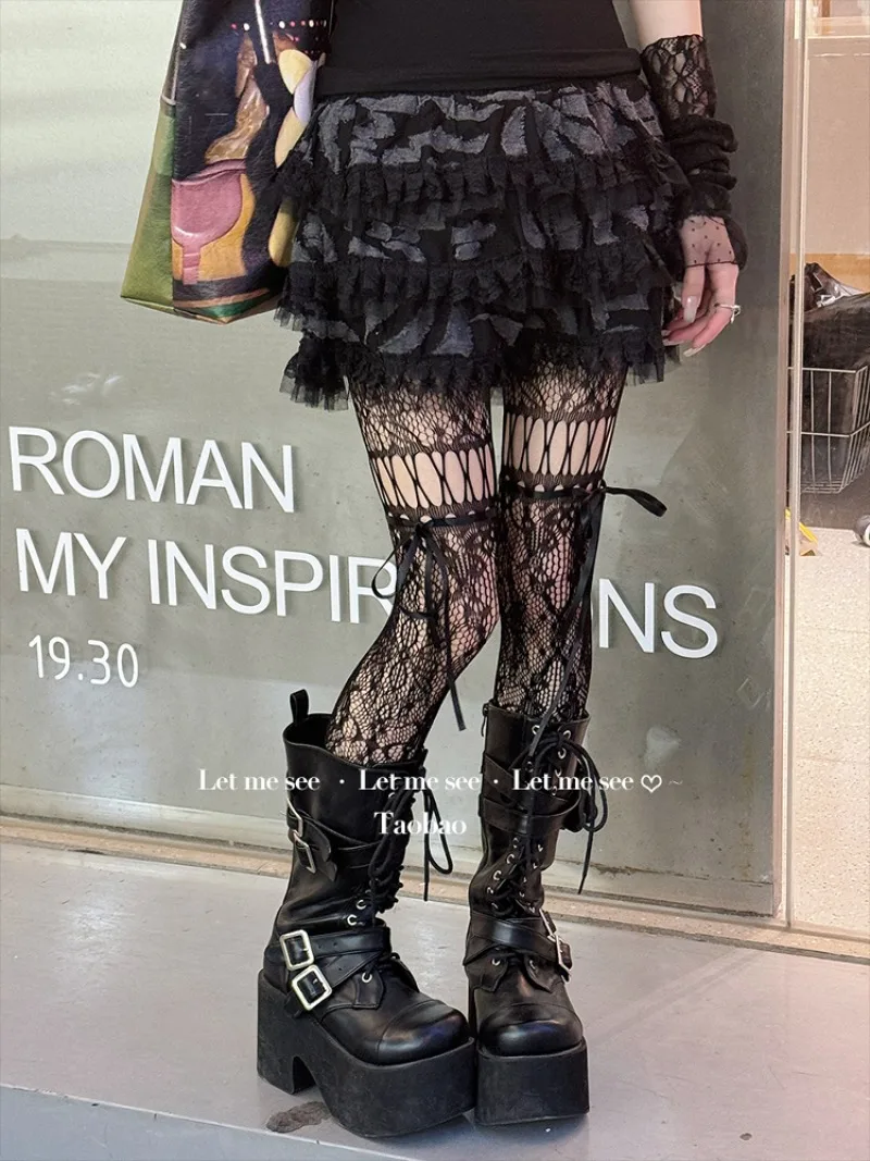Japanese Lolita Style Sexy Tights Millennial Hot Girl Retro Ribbon Bow Lace Fishnet Stockings Popular Y2K Slimming Pantyhose