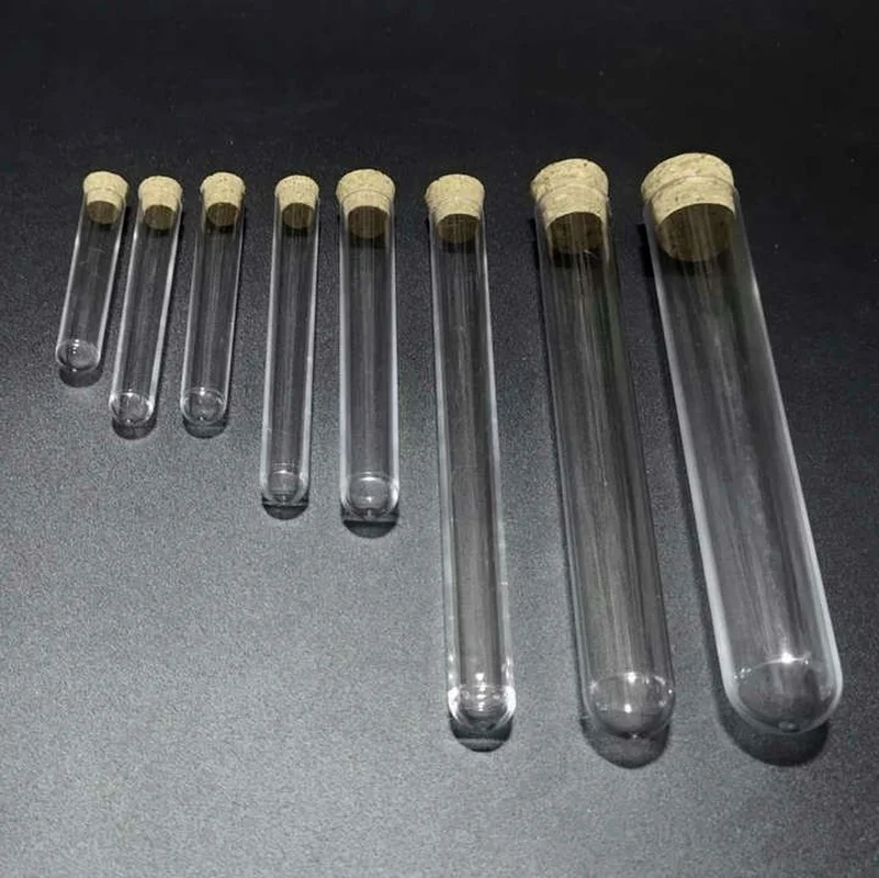 50pcs/lot Dia 12mm to 25mm Hard Plastic test tubes with cork stopper for Experiments, Length from 60mm to 150mm