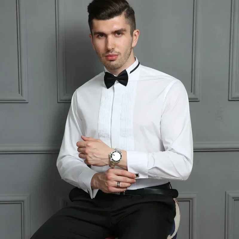 2024 New Business Stand Collar Wedding Tuxedo Dress Shirt For Men White French Cufflink Long Sleeve Shirt For Men