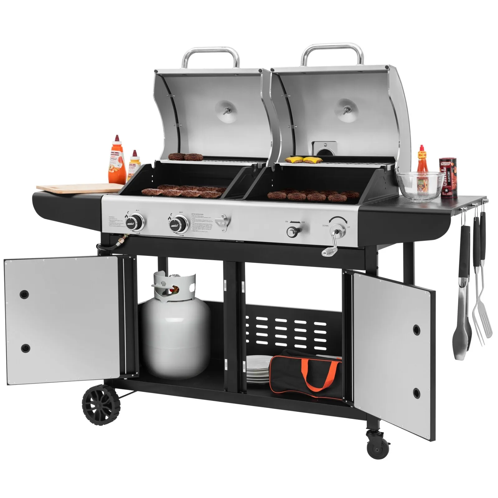 

2-Burner Gas and Charcoal Combo Grill, Grill with Two Side Shelves