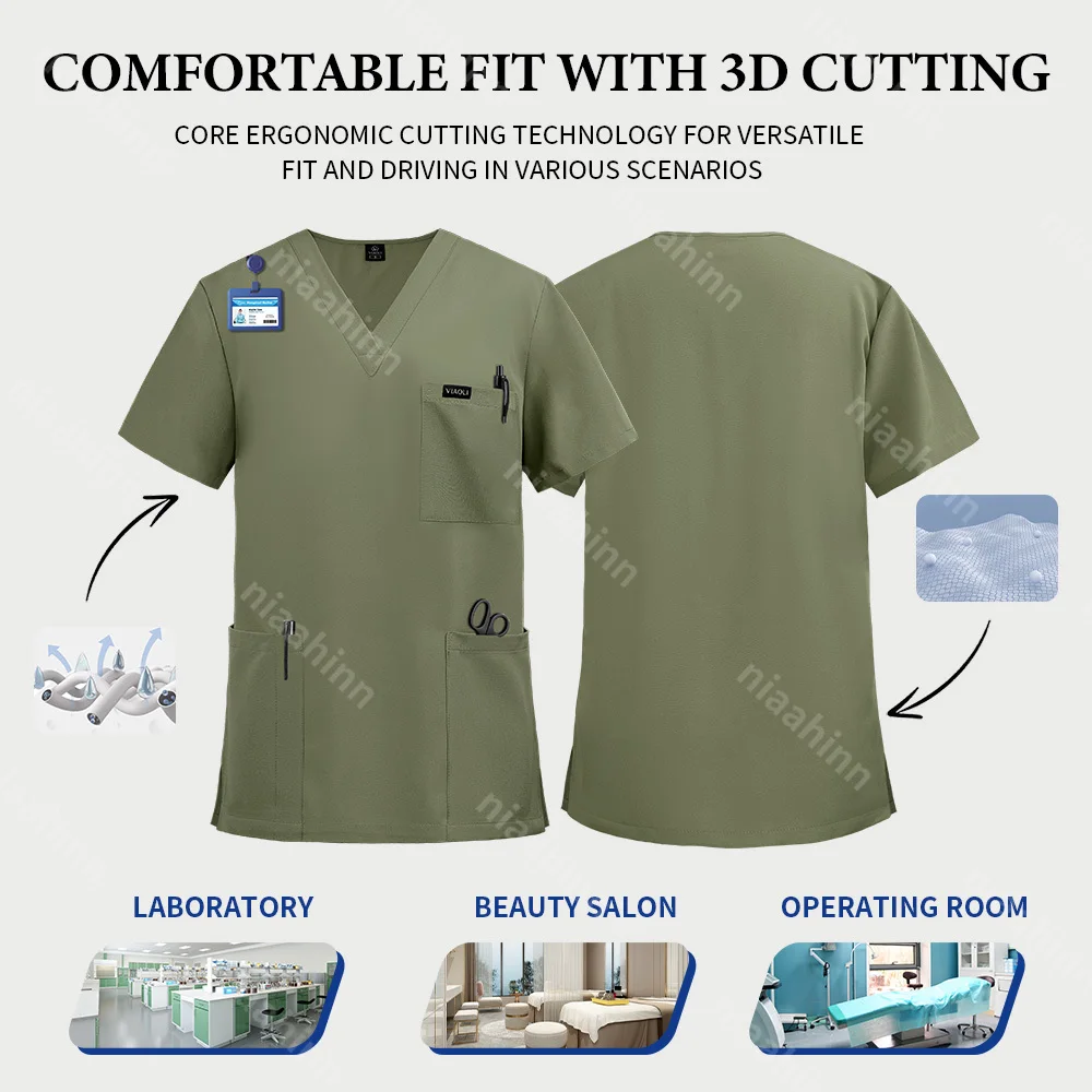 Medical Nursing Scrubs Suits Casual Doctor Nurse Surgical Uniforms Short Sleeved V-neck Tops Blouse Pocket with Zip Jogger Pants