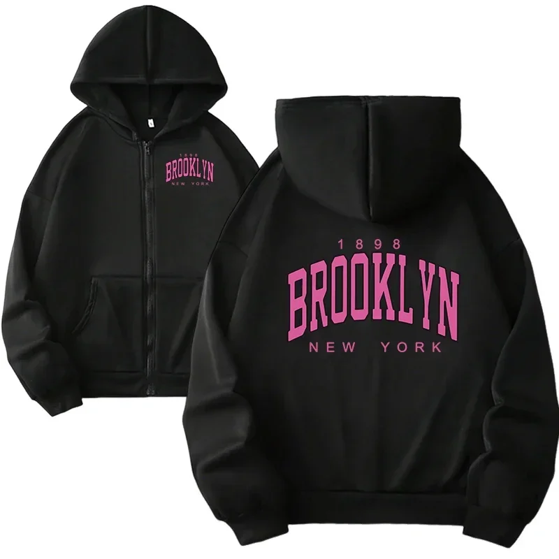 Brooklyn Pattern Print Zipper Hoodies Women Casual Fashion Streetwear Harajuku Y2K Long Sleeve Fleece Zip-up Sweatshirts