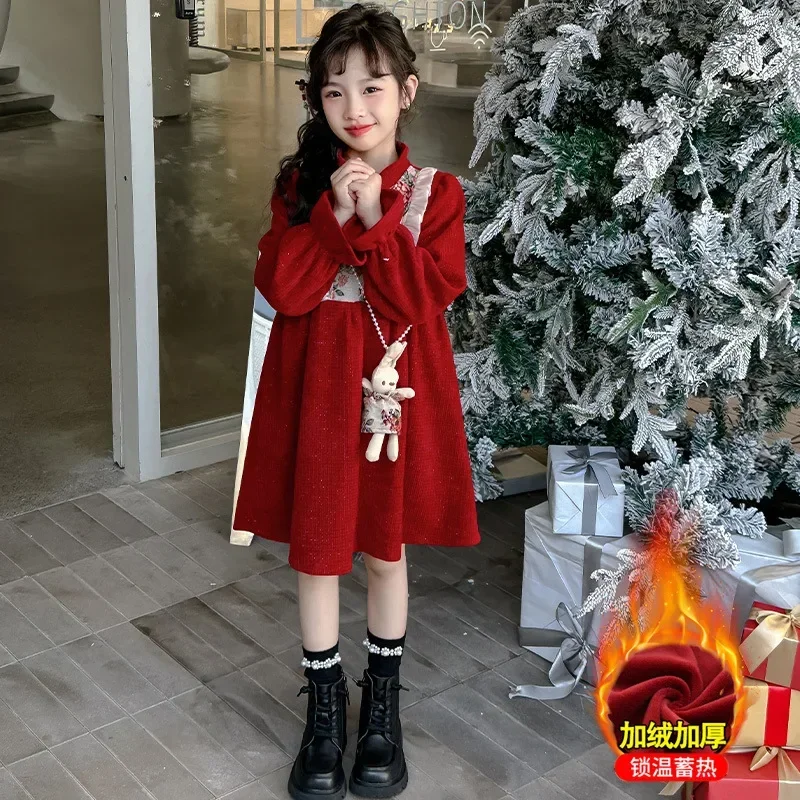 

Girls' Dress Autumn/winter 2023 New Children's Hanfu Year's Eve Female Big Girl Winter Plush Warm Princess Skirt Red Long Sleeve