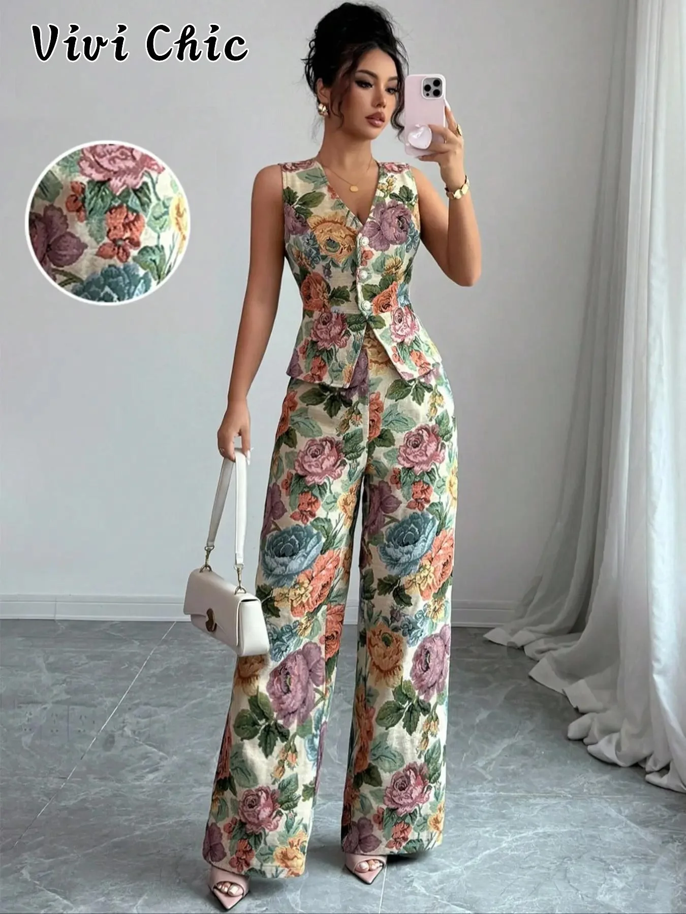 Women's Sleeveless Floral Peony Design Two-Piece Set, Casual Long Top & Bottom, Spring & Fall Fashion, Moderate Fabric