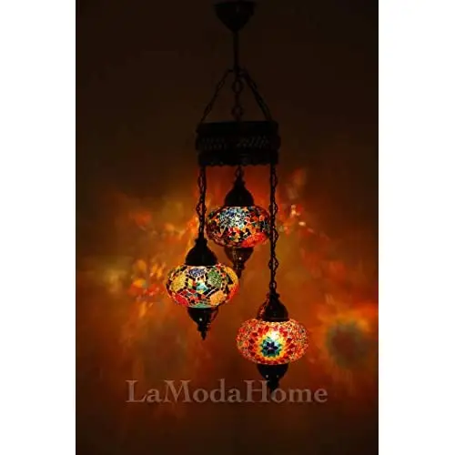 LaModaHome 35 + Unique Colors, 2020 Customizable Chandelier 3 Globes + Free 3 Bulbs, stunning Mosaic Turkish Lamp Moroccan Light