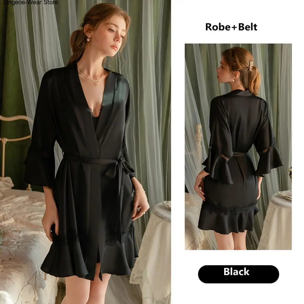 Elegant Ruffle Women's Robe Kimono Gown Sexy Hollow Out Lace Mujer Lingerie Nightgown Sleepwear Loose Silky Satin Home Dress 4