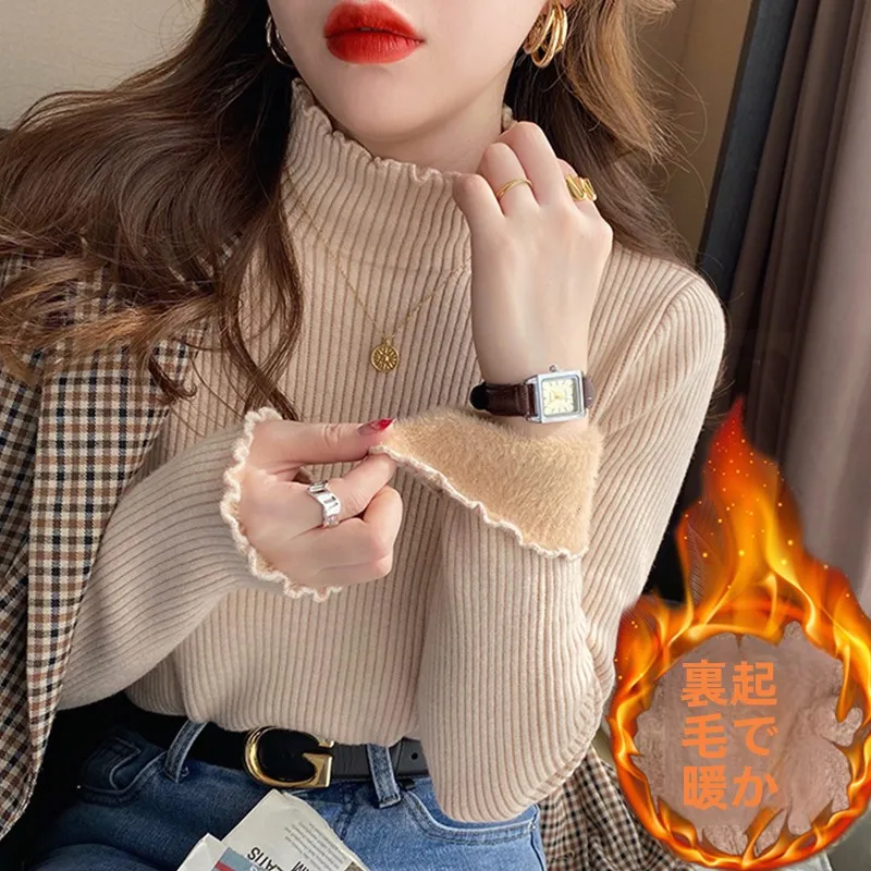 Women's Fleece Lined Thickened Half High Collar One-Piece Velvet Base Shirt Inner Wear Autumn Winter New Style Knitted Sweater
