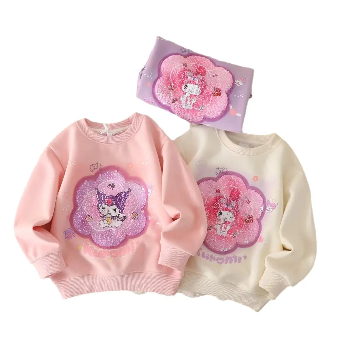 Sanrio Kuromi Children Clothes Pullover Long Sleeve Sequins Change Pattern Cinnamoroll Tops Hoodie Cartoon Kids Girls Sweatshirt