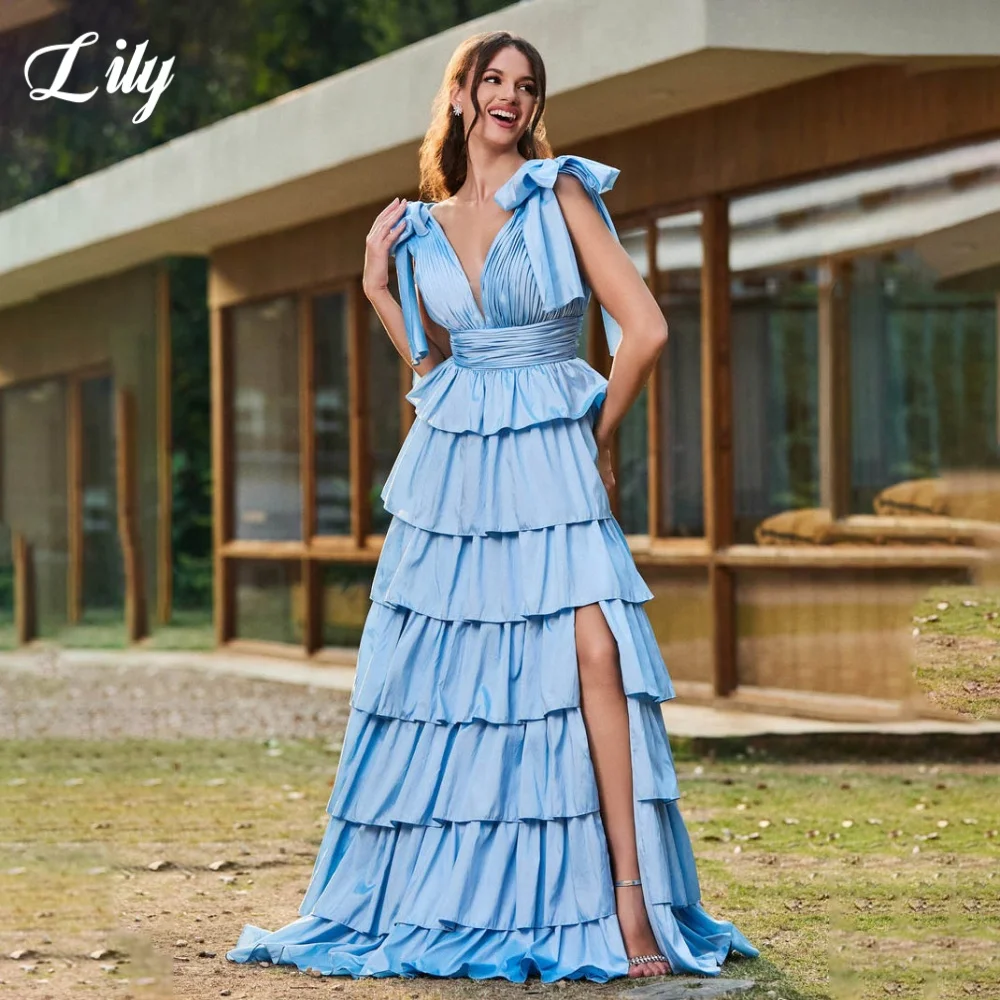 Lily Blue Elegant Formal Gown Deep V-Neck Pleating Prom Dresses Side Split A-Line Layered Evening Dresses for Woman Customized