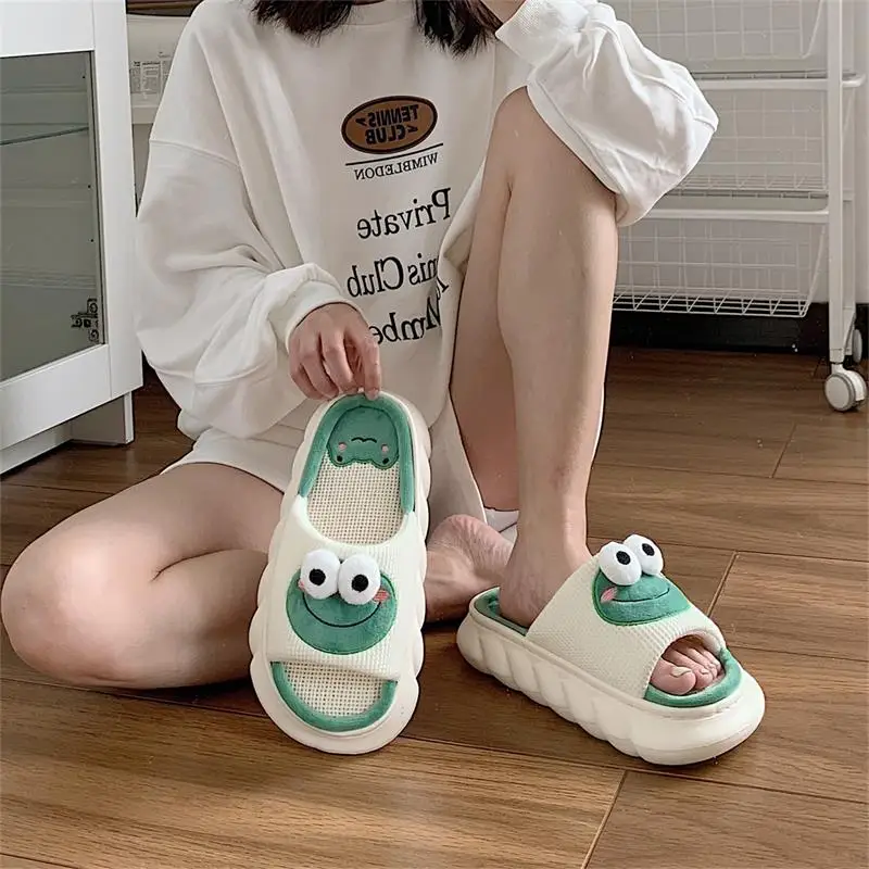 Cartoon Animal Milk Cow Linen Women Slippers Four Seasons Home Linen Men Slippers Cute Breathable Shoes