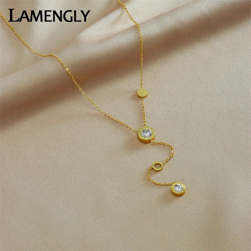 LAMENGLY 316L Stainless Steel Roman Numeral Dial Zircon Long Pendant Necklace For Women New Girls Clavicle Chain Jewelry Gifts