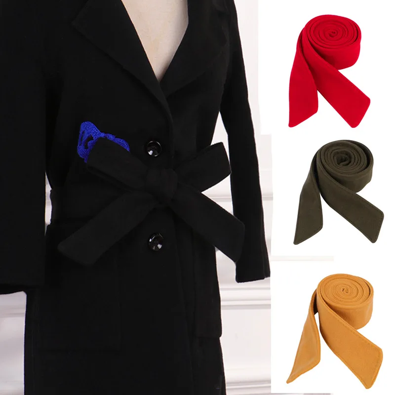 Womens Winter Woolen Belt Solid Color Waist Band Trench Coat Overcoat Jacket Accessories Unisex Woolen Sash Tie 170cm*5cm