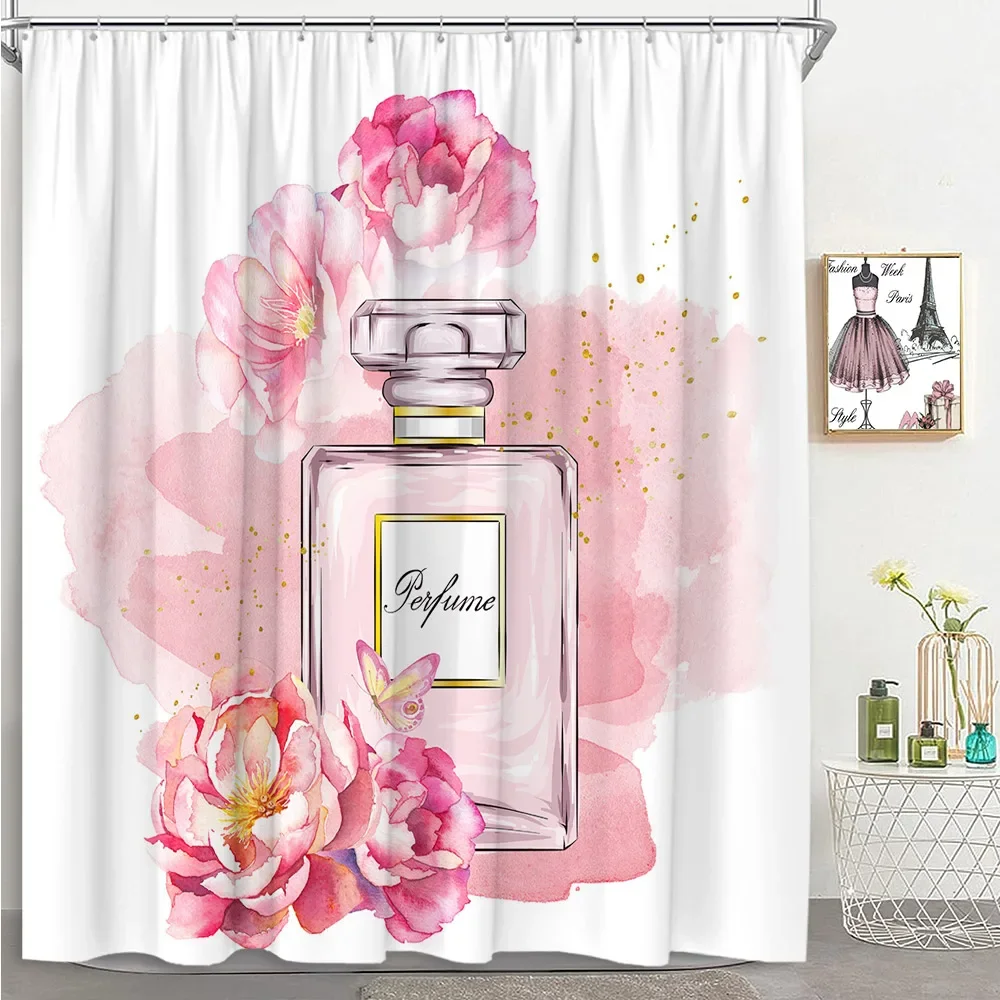 Pink Perfume Bottle Shower Curtain Skirt Cosmetics Fashion Striped Book Flower Girl Polyester Fabric Bathroom Decor Curtains Set