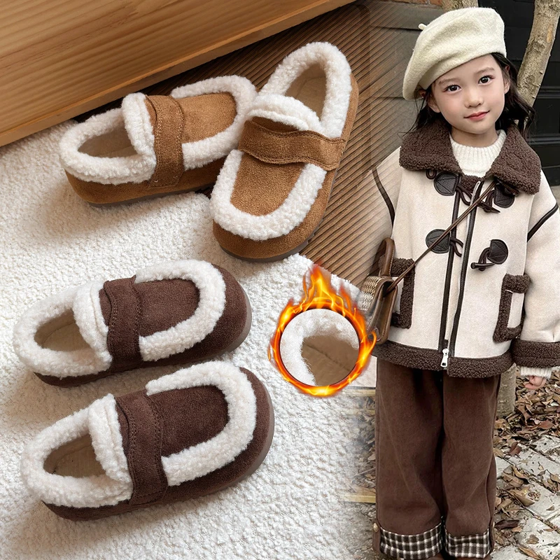 

Новинка 2023 года, зимняя детская обувь, замшевая кожаная теплая плюшевая обувь босиком, нескользящая резиновая подошва, модная обувь для маленьких девочек