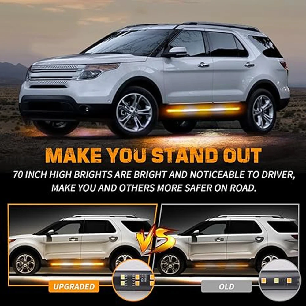 New 2PC Car Pedal 60 70 Inch 720 LED Emergency Strobe Side Step Light Strip With Amber White Flashing Warning Lights 12V For SUV