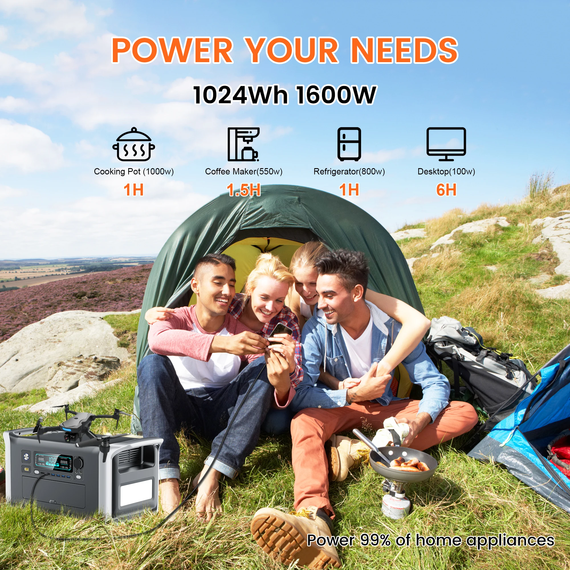 CTOLITY AP1000 1024Wh Portable Power Station LiFePo4 Battery 1800W Solar Generator Storage Energy 1600W 110V PowerBank Camping
