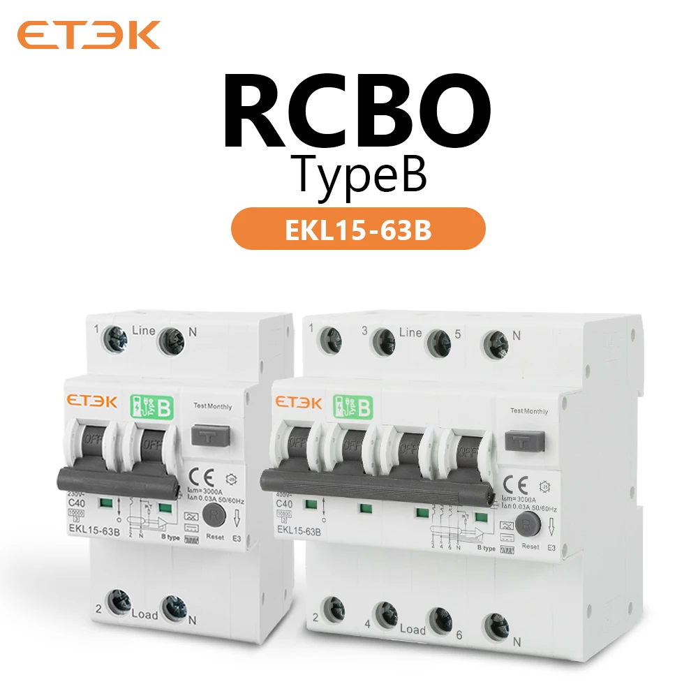 

ETEK RCD 30 мА Низкое Напряжение Тип B 40A защита от перегрузки по току и утечки RCBO 1000kA 2p4p автоматический выключатель остаточного тока EKL15