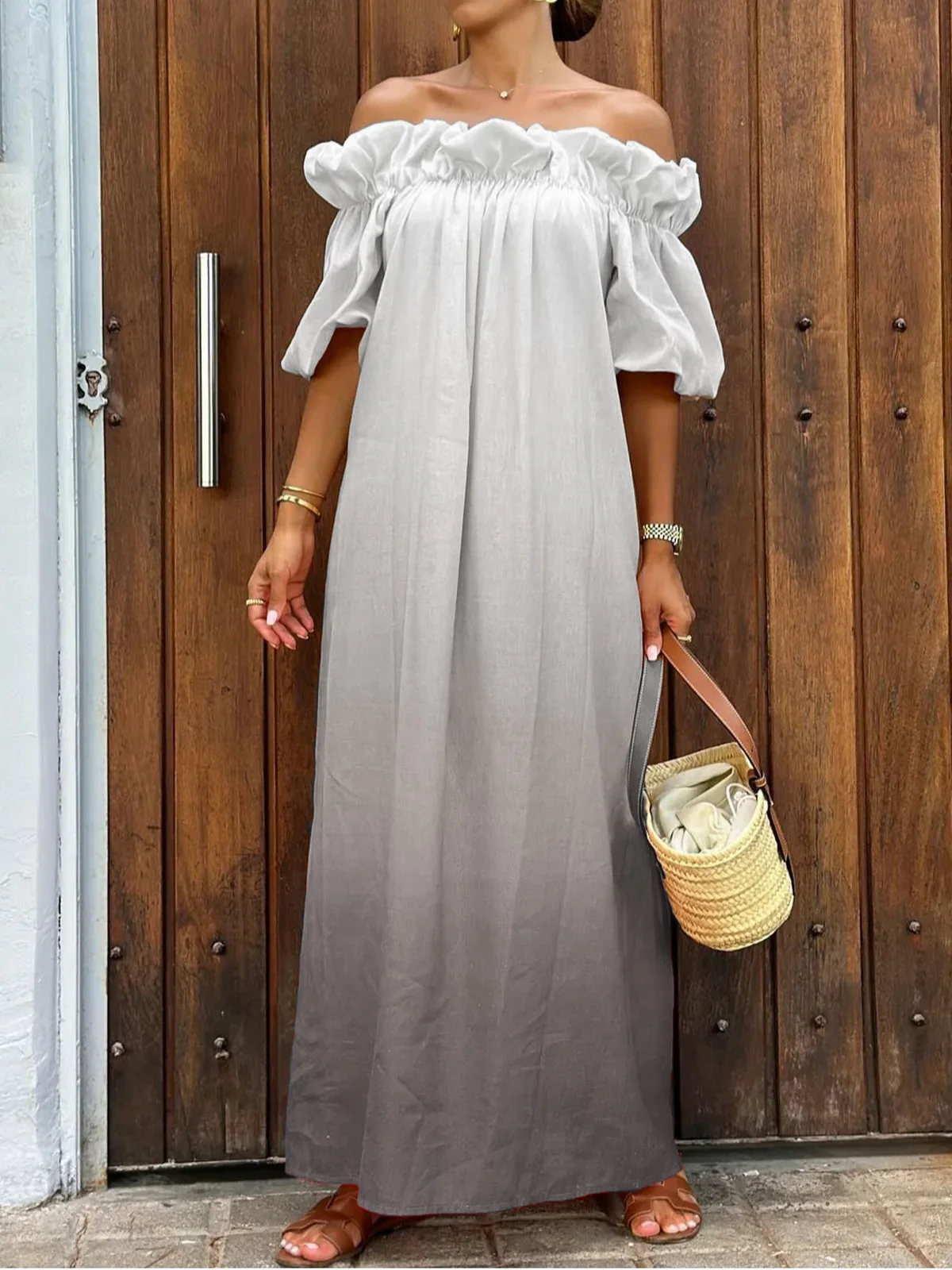 

Womens Ombre Grey Off Shoulder Puff Sleeve Loose Fit Maxi Dress Summer Beach Vacation Casual Boho Look Wear