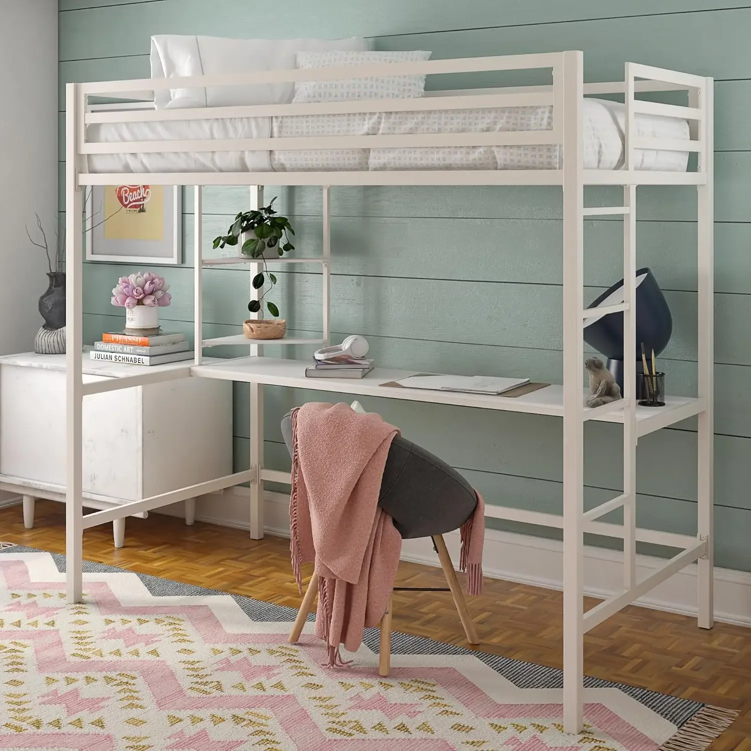 Novogratz Maxwell Metal Twin Loft Bed with Desk & Shelves