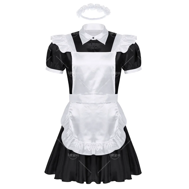 

Mens Maid Cosplay Uniform Outfit French Apron Maid Servant Mini Babydoll Dress Halloween Roleplay Party Costume