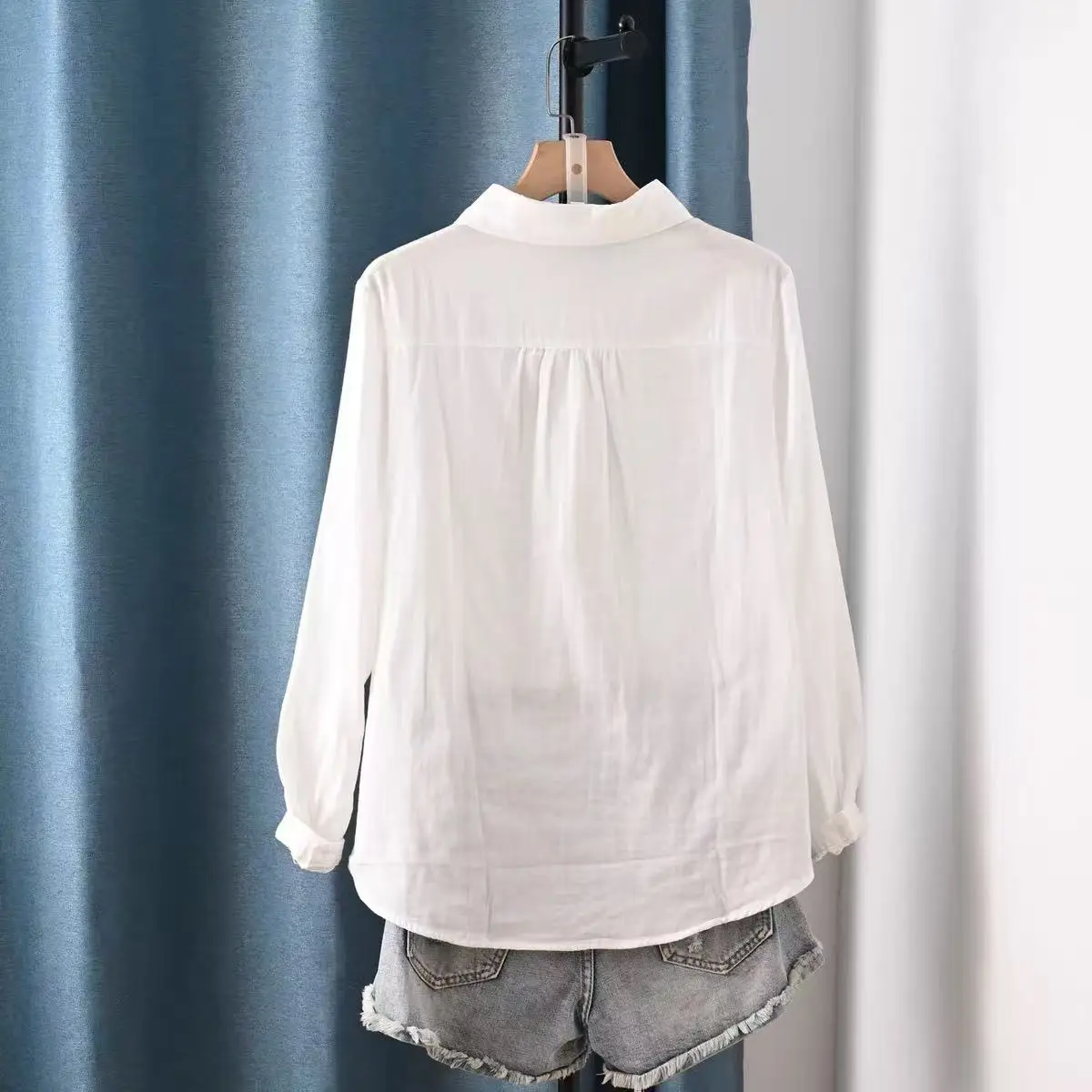 Mori kei clothing Japanese style peter pan collar white blue solid shirts and blouses 100% cotton yarn soft breathable tops