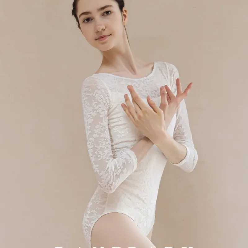 

Latin Dance Practice Costume Body Shaping Suit Round-neck Long-sleeve Adult Velvet Leotard White One-piece Bodysuit