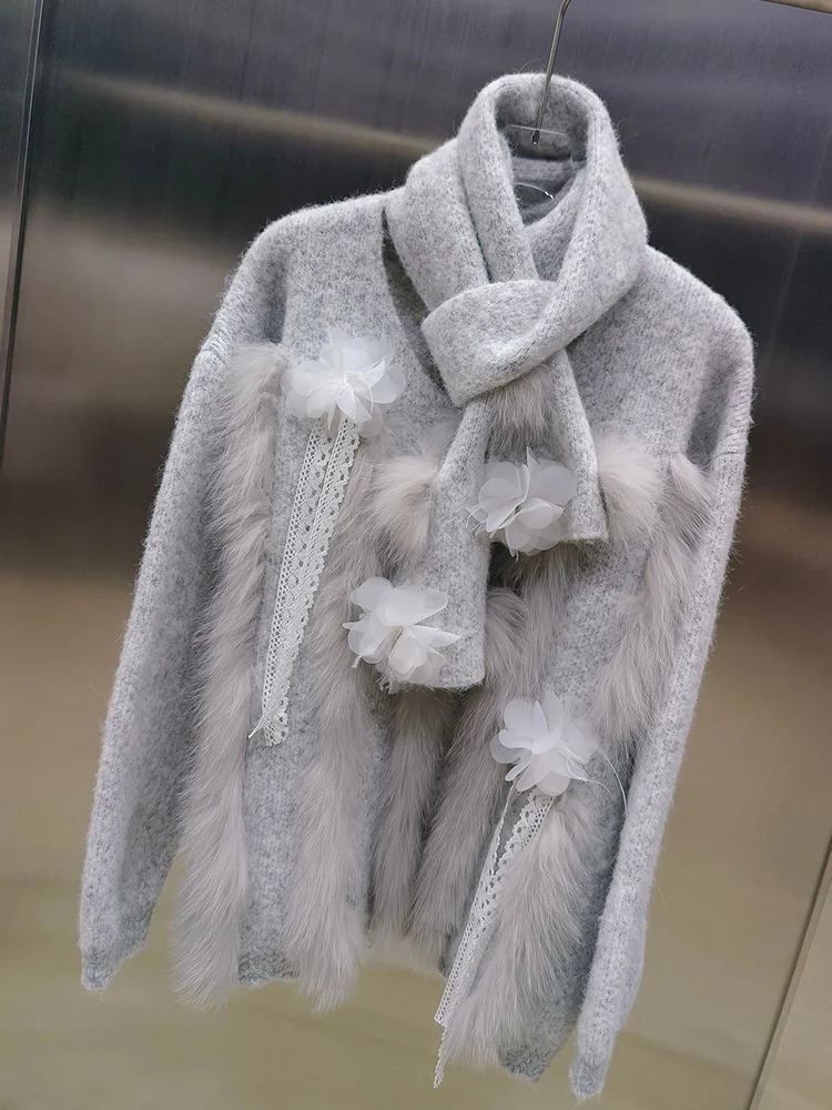 เสื้อคลุมคาร์ดิแกนไหมพรมดีไซน์ขนสุนัขจิ้งจอกแท้สำหรับผู้หญิง ฤดูใบไม้ผลิ ฤดูใบไม้ร่วง ปี 2025 พร้อมผ้าพันคอ แขนยาว เสื้อสเวตเตอร์หรูหราสำหรับผู้หญิง