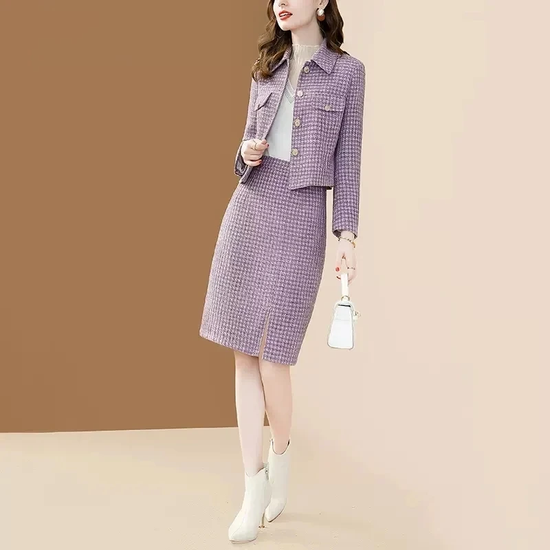 2022 New Autumn Winter 2PCS Retro Two Piece Set Ladies Fashion Temperament Short Jacket + Skirt Female Elegant Lattice Suit