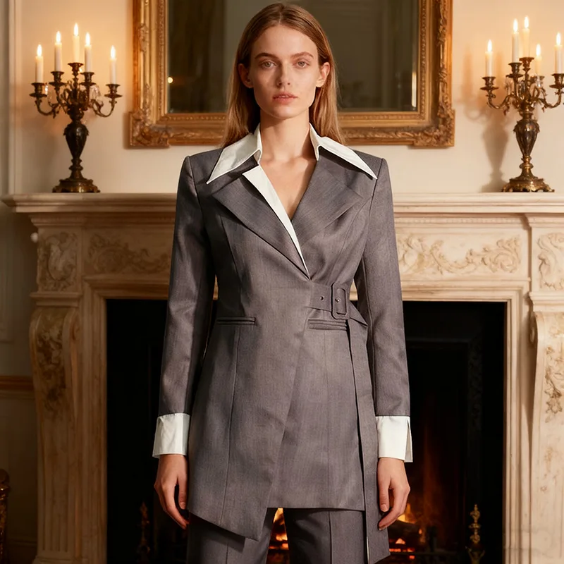 سترة بدلة بألوان متعددة بتصميم جديد لعام 2025 للنساء - سترة بدلة خصر مخصصة بأزرار رمادية للأسفل للركاب