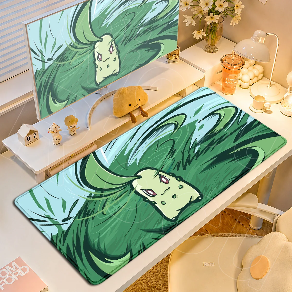 Large Office Cabinet Rug Notebook Green Gaming Accessories Japan Anime Keyboard Mat Pokemon Chikorita Mouse Pad Speed Gamer Mats