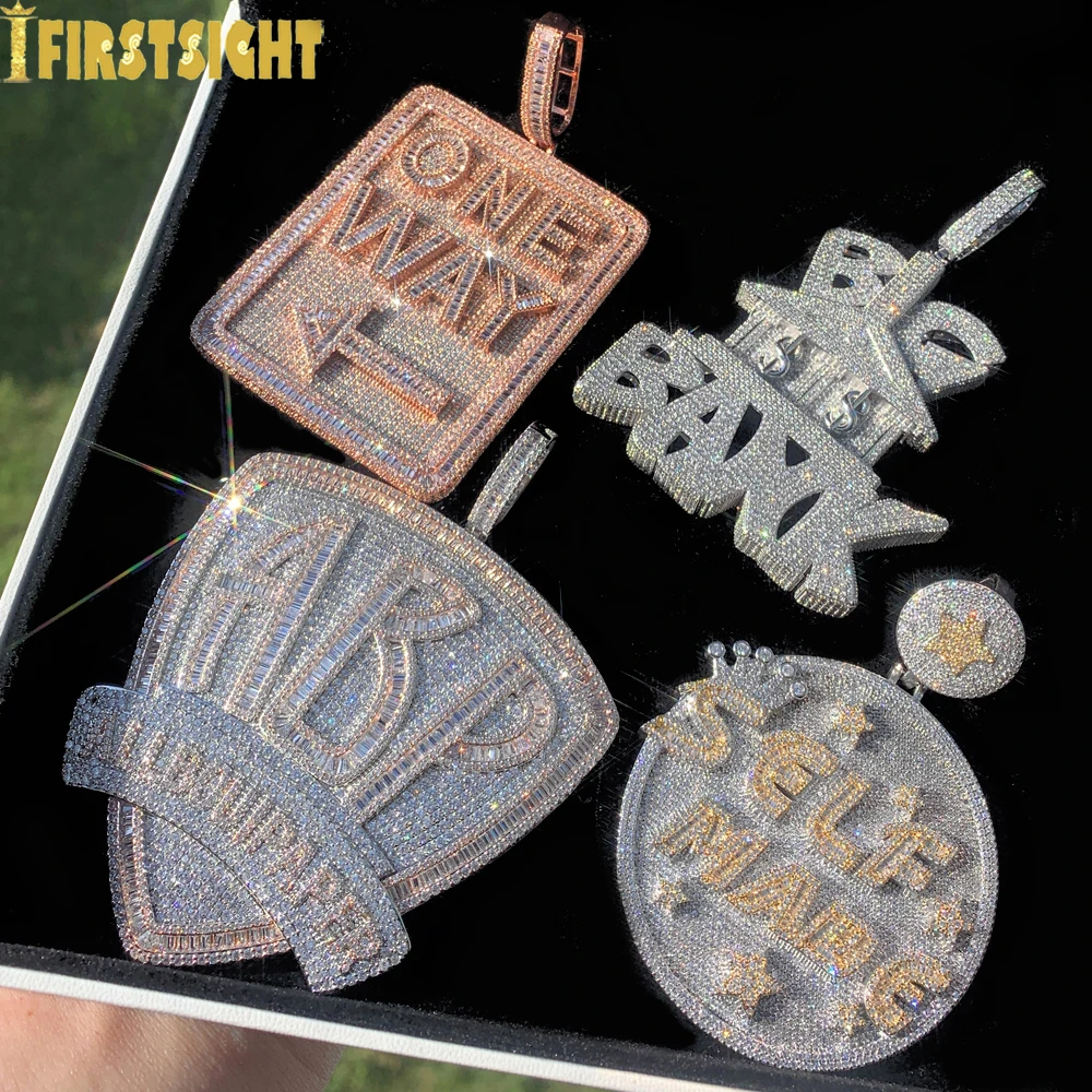 Iced Out Letter Heavy Chunk Big Pendant Necklace Bling CZ Cubic Zirconia Self Made Badge Charm Men Fashion Hip Hop Jewelry