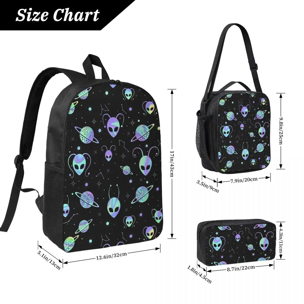 Fluorescent Green Alien Theme Backpack Student BookBag School Bag Computer Shoulder Bags 3ps Insulated Lunch Bag Pencil Case