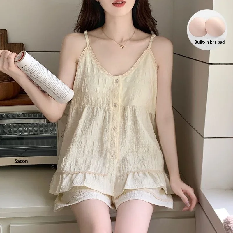 women's-summer-thin-camisole-pajamas-with-chest-pad-casual-youthful-sexy-style-home-wear-set-women's-summer-clothing