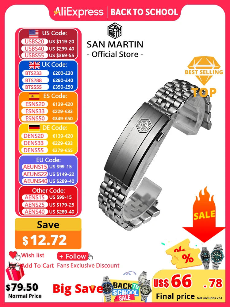 San Martin SN0144 Bracelet 316L Stainless Steel 3 Links 5 Links J Style Bracelet OTF Adjustable Clasp Watch Parts For 20mm Band