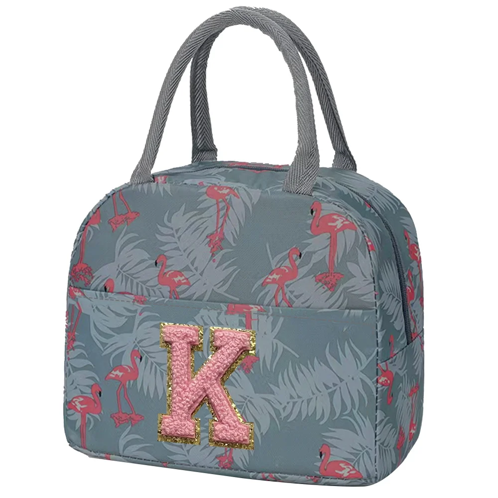 Borduurwerk Lunchbox Thermische Tas Schattige Trendy Tote Voedsel Opbergtas Organizer Kids Blue Flamingo