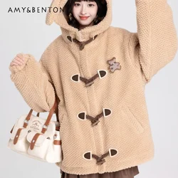 Autumn and Winter Cute Puppy Ears Horn Buckle Fluffy Coat Sweet Sister Padded Cotton Lamb Wool Cotton Clothes For Girl