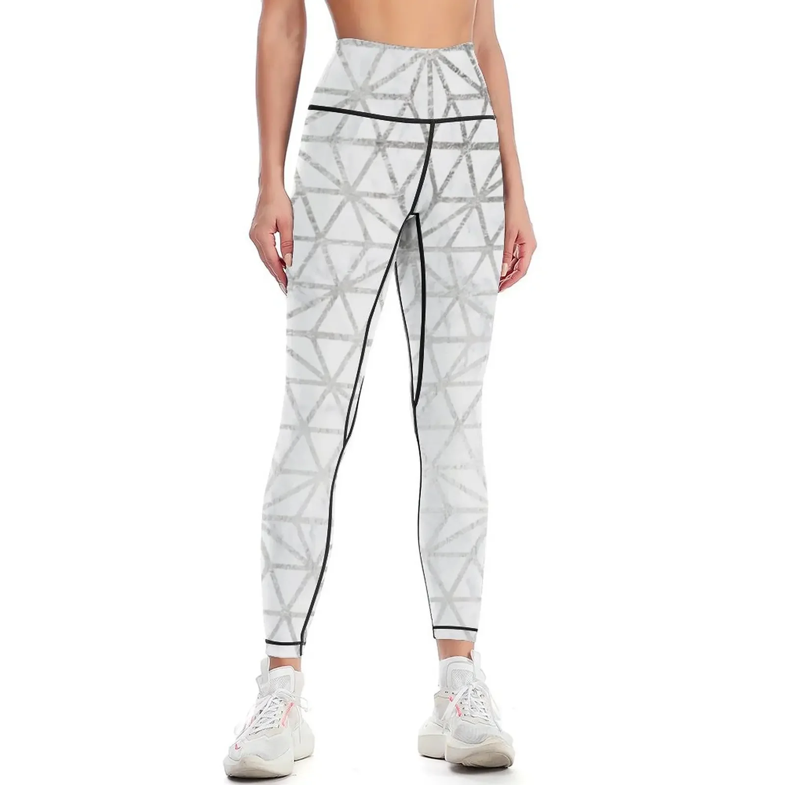 

Modern silver stars geometric pattern Christmas white marble Leggings gym's clothing Clothing fitness Womens Leggings