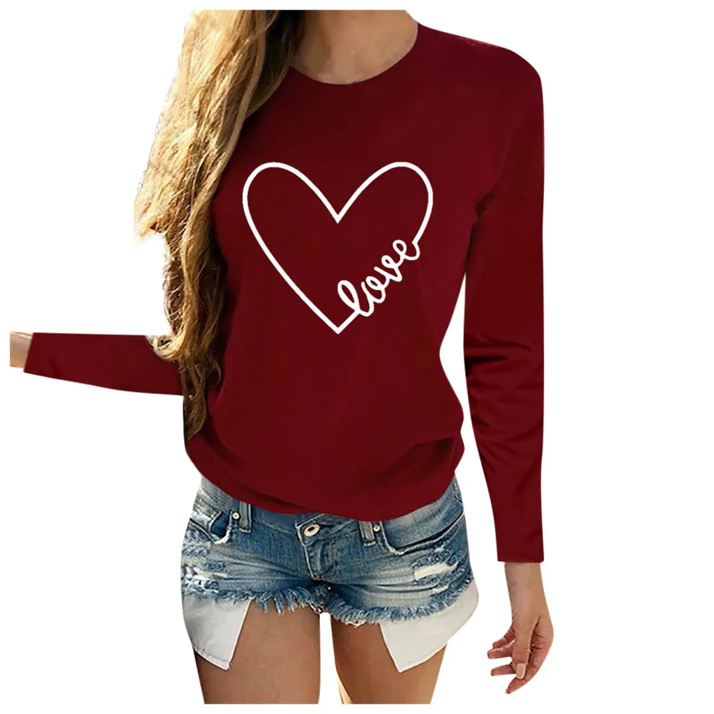 Casual Letter Heart Shaped Printing Women\'s T Shirt Blouses Round Neck Long Sleeve Loose Fashionable Ladies Tee Shirt Tops