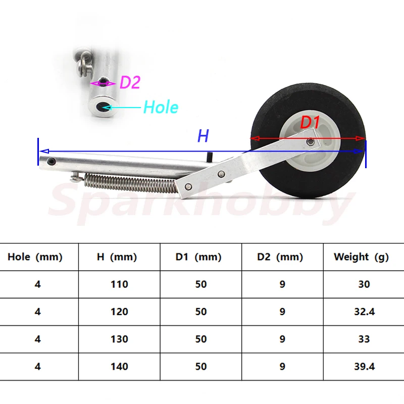 1PC 110 120 130 140mm Aluminum Alloy Retractable Belt Spring Landing Gear 45mm 50mm Spomge Wheel For Fixed Wing RC Airplane Accs